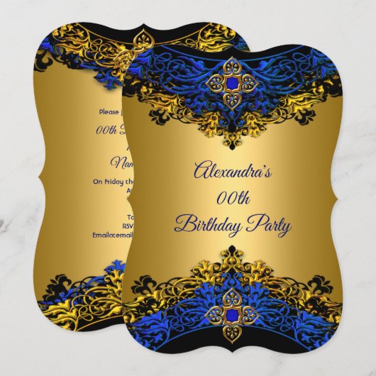 Invitation Elite Royal Blue Gem Gold Black fête d'anniversair (Devant / Derrière)