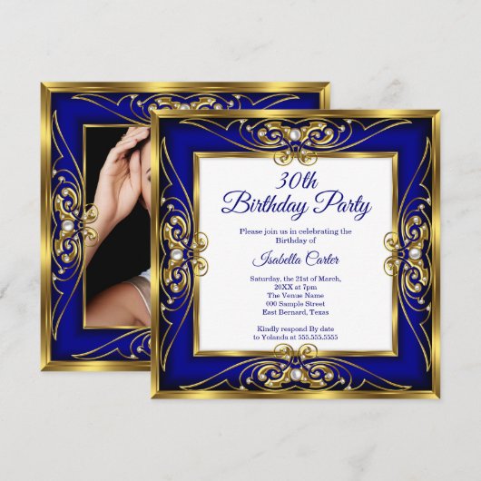 Invitation Elite Royal Blue Gold Pearl Photo 30e anniversaire (Devant / Derrière)