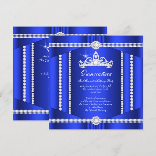Invitation Elite Royal Blue Princesse Quinceanera Diamond (Devant / Derrière)