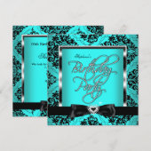 Invitation Elite Turquoise Bleu Damas Argent Noir fête d'anni (Devant / Derrière)