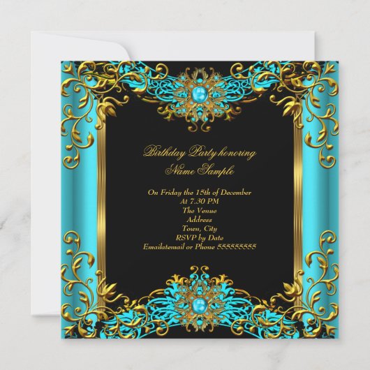 Invitation Elite Turquoise Bleu Gem Or Noir Anniversaire Part (Dos)