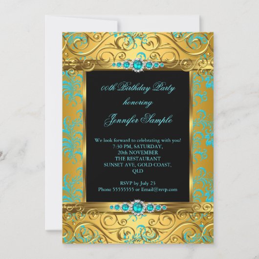 Invitation Elite Turquoise Blue Gold Damask Pearl fête d'anni (Devant)
