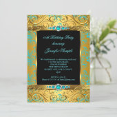 Invitation Elite Turquoise Blue Gold Damask Pearl fête d'anni (Debout devant)