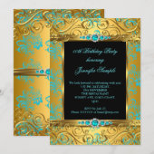 Invitation Elite Turquoise Blue Gold Damask Pearl fête d'anni (Devant / Derrière)