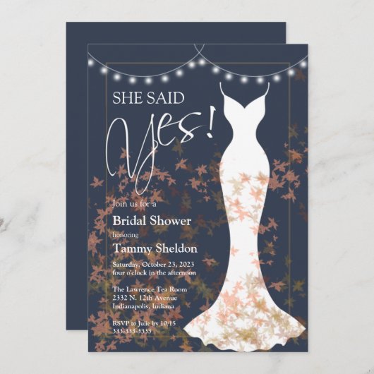 Invitation Elle A Dit Oui Automne Bleu Douche Nuptiale Invita (Devant / Derrière)