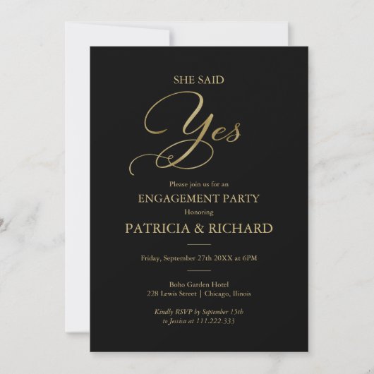 Invitation Elle A Dit Oui Black Gold Script Engagement (Devant)