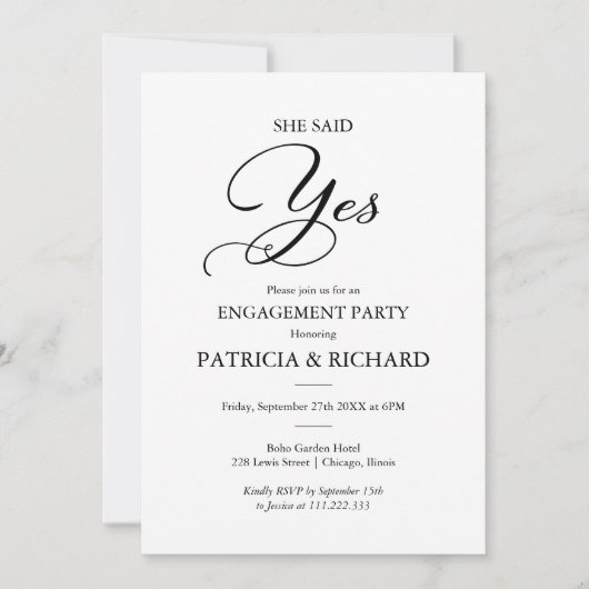 Invitation Elle A Dit Oui Élégante Partie Engagement Script (Devant)