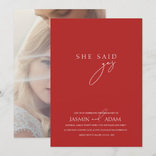 Invitation Elle a dit Oui ! Mariage photo Crimson Red Script