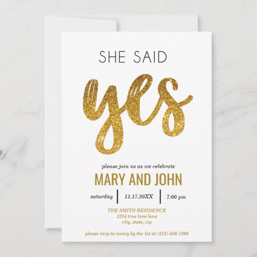 Invitation Elle A Dit Oui Parties scintillant Gold Moderne (Devant)