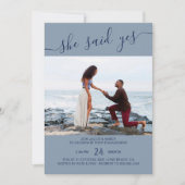 Invitation Elle A Dit Oui Script Blue Photo Fiançailles (Devant)