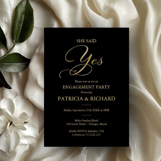 Invitation Elle a dit oui Script de fête de fiançailles Black