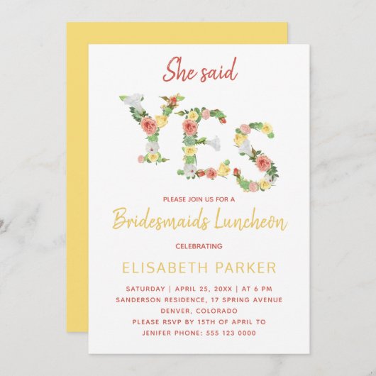 Invitation Elle a dit OUI script floral bridesservantes déjeu (Devant / Derrière)