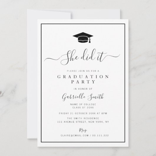Invitation ELLE A RÉUSSI ! Fête de fin d'études universitaire (Devant)