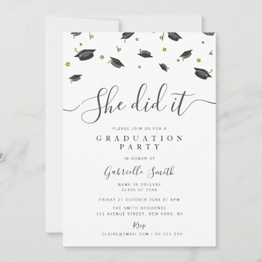 Invitation ELLE A RÉUSSI ! Fête de remise de diplômes moderne (Devant)
