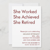Invitation Elle A Travaillé Elle A Atteint Elle Retraite Fun (Devant)