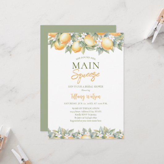 Invitation Elle a trouvé sa douche de mariage au citron Main  (Devant/Arrière en situation)