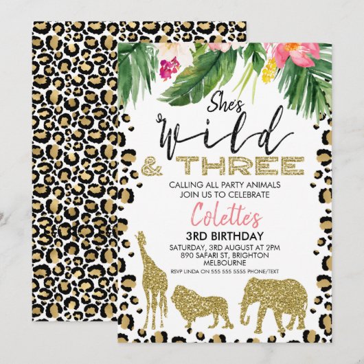 Invitation Elle est folle et trois Safari, 3e anniversaire (Devant / Derrière)