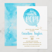 Invitation Elle est prête à faire du Baby shower bleu et or (Devant / Derrière)