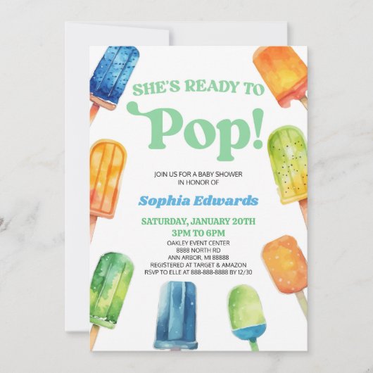 Invitation Elle est prête à faire du Baby shower Popsicle ble (Devant)