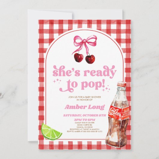 Invitation Elle est prête à pop ! Baby shower cerise soda Pop (Devant)