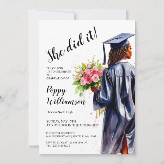 Invitation Elle L'A Fait Aquarelle Graduation (Devant)