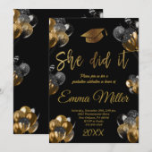 Invitation Elle l'a fait - Black and Gold Balloons Graduation (Devant / Derrière)
