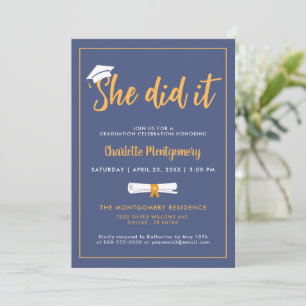 Invitation Elle L'A Fait Casquette Grad Dusty Blue Graduation