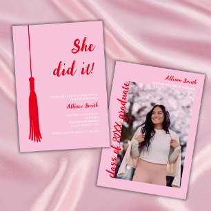 Invitation Elle L'A Fait Feminine Red & Pink Photo Graduation