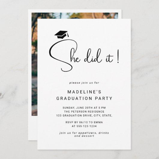 Invitation Elle L'A Fait Script Minimal Photo Graduation Part (Devant / Derrière)
