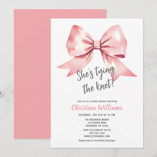 Invitation Elle noue la Fête des mariées Aquarelle Rose (Devant / Derrière)