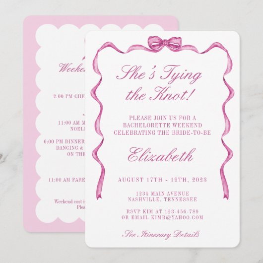 Invitation Elle Noue la Robe Rose Bow Fête de Bachelorette (Devant / Derrière)