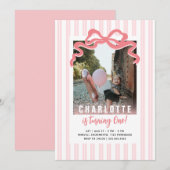 Invitation Elle tourne une goutte de rose Bow photo Anniversa (Devant / Derrière)