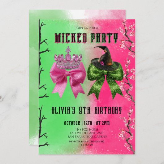 Invitation Elphaba & Glinda Thème Anniversaire (Devant / Derrière)