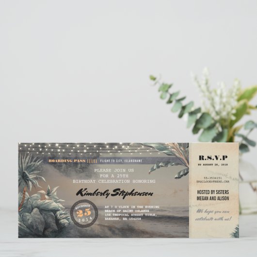 Invitation Embarquement Pass Beach Lights Billet d'anniversai (Debout devant)