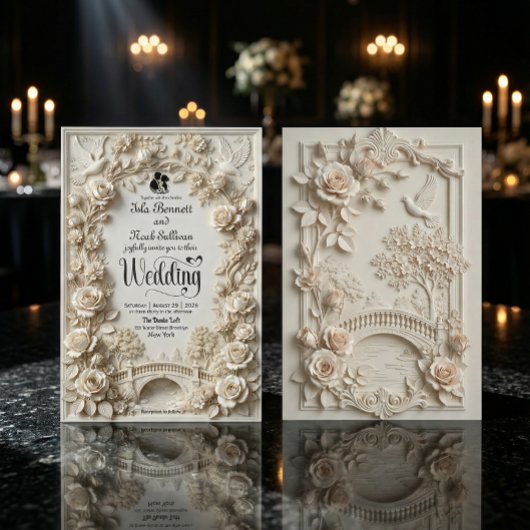 Invitation Embossed Faux Stone Romantic Black-Tie Wedding