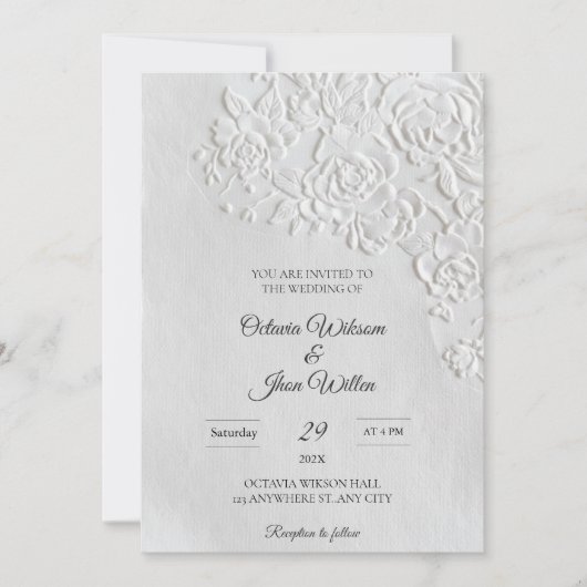 Invitation Embossed Roses Deckled Edge Sage Wedding (Devant)