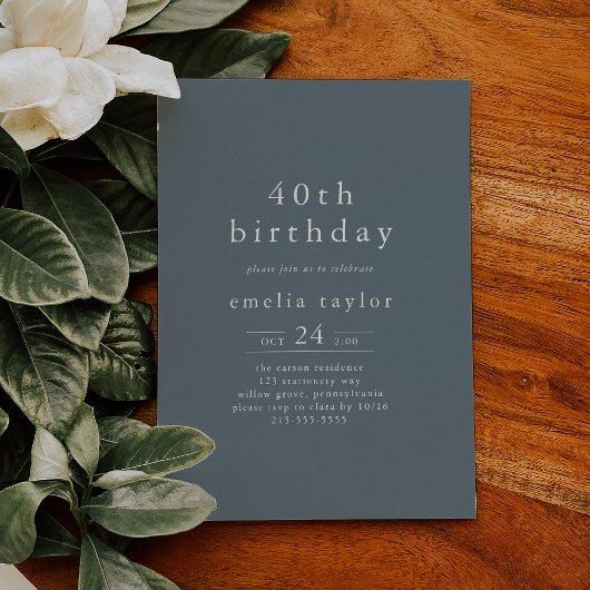 Invitation EMELIA Hiver Minimaliste Dusty Bleu 40e anniversai