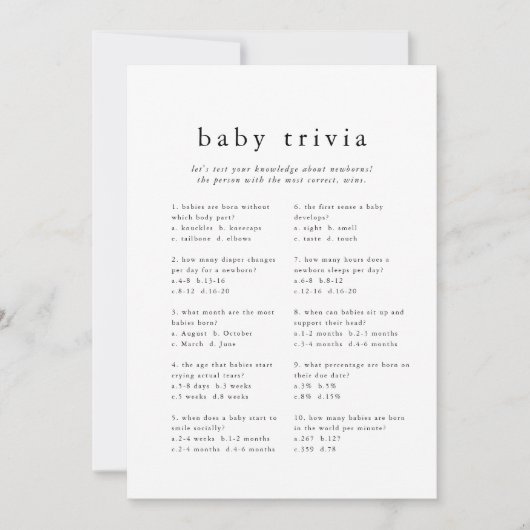Invitation EMELIA Modern Simple Baby shower Trivia Game Card (Devant)