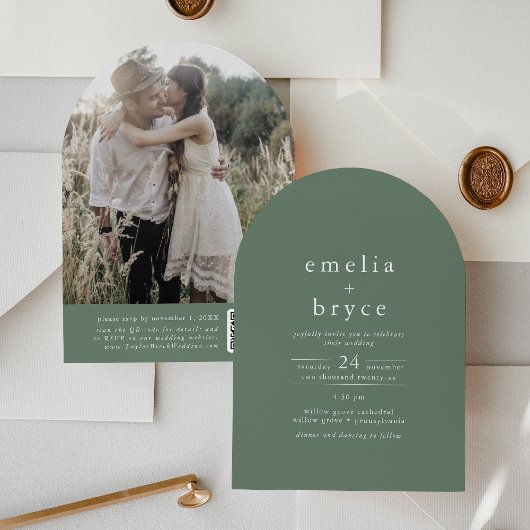 Invitation EMELIA QR Code Photo Arch Woodland Green Mariage