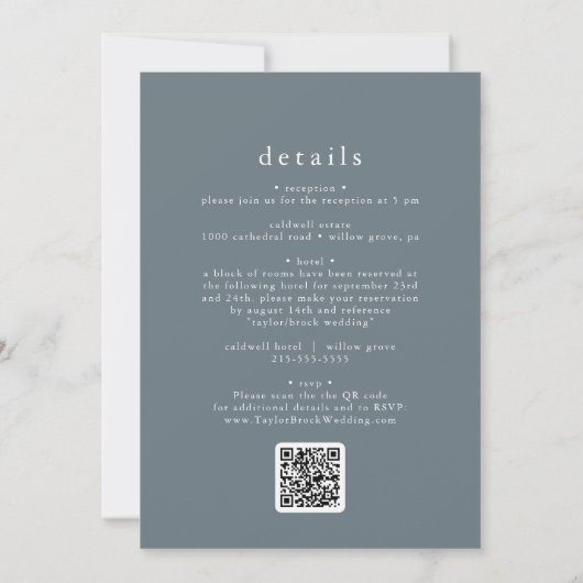Invitation EMELIA QR Code Simple Boho Navy Dark Blue Mariage (Dos)