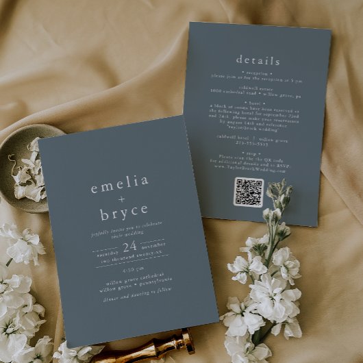 Invitation EMELIA QR Code Simple Boho Navy Dark Blue Mariage