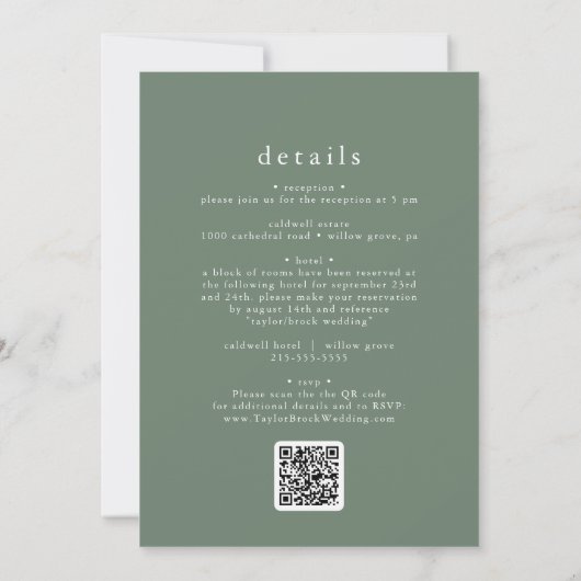 Invitation EMELIA QR Code Vert Rustique Simple Mariage modern (Dos)