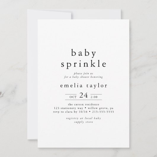 Invitation EMELIA Unique Neutral Boho Simple Bébé Sprinkel (Devant)