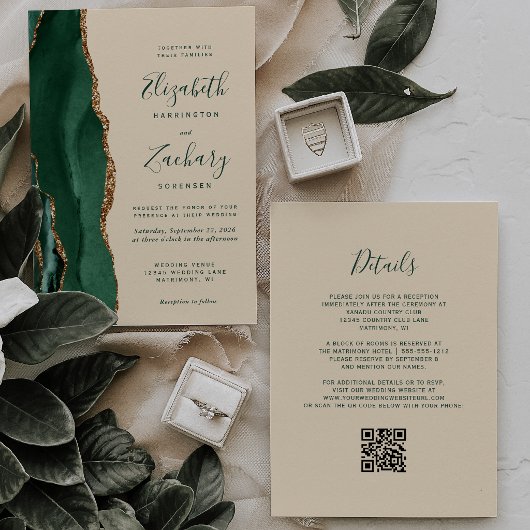 Invitation Emerald Agate Champagne QR Code Wedding