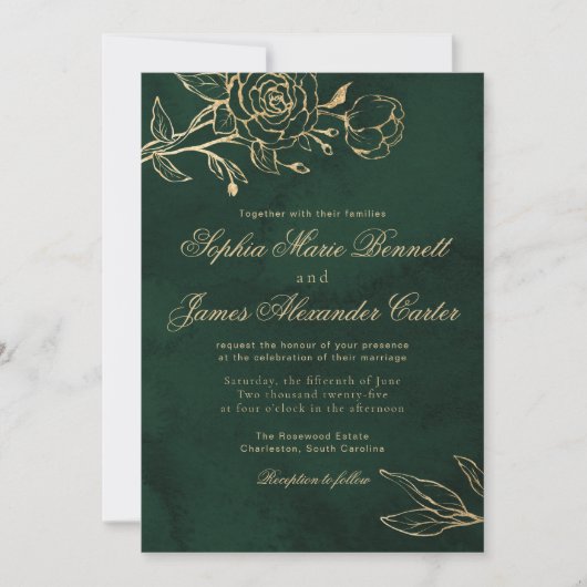 Invitation Emerald and Gold Elegant Botanical Photo Wedding (Devant)