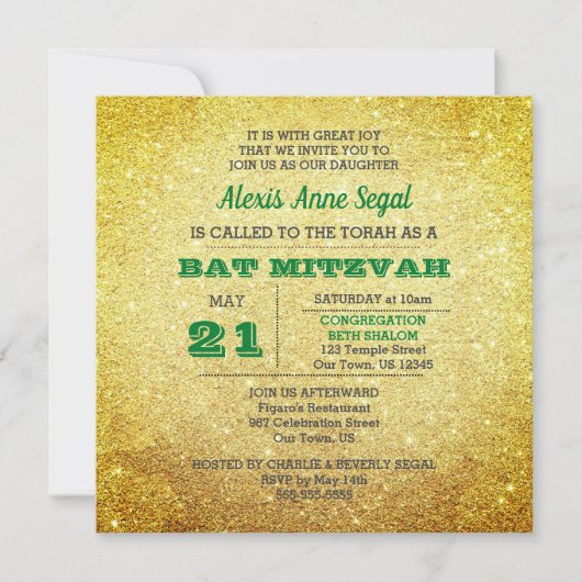 Invitation Emerald Birthstone Parties scintillant Bat mitzvah (Devant)