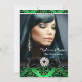 Invitation Emerald Black Diamond Bow & Damask Quinceanera (Devant)
