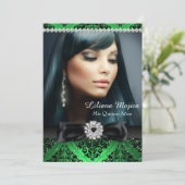 Invitation Emerald Black Diamond Bow & Damask Quinceanera (Debout devant)