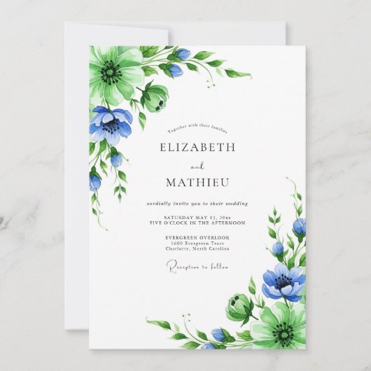 Invitation Emerald Blue Botanical Spring Wedding (Devant)