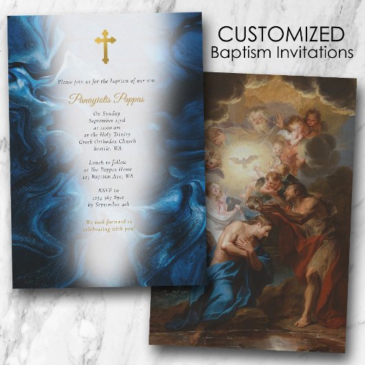 Invitation Emerald Blue Marble Christening Christian Baptism